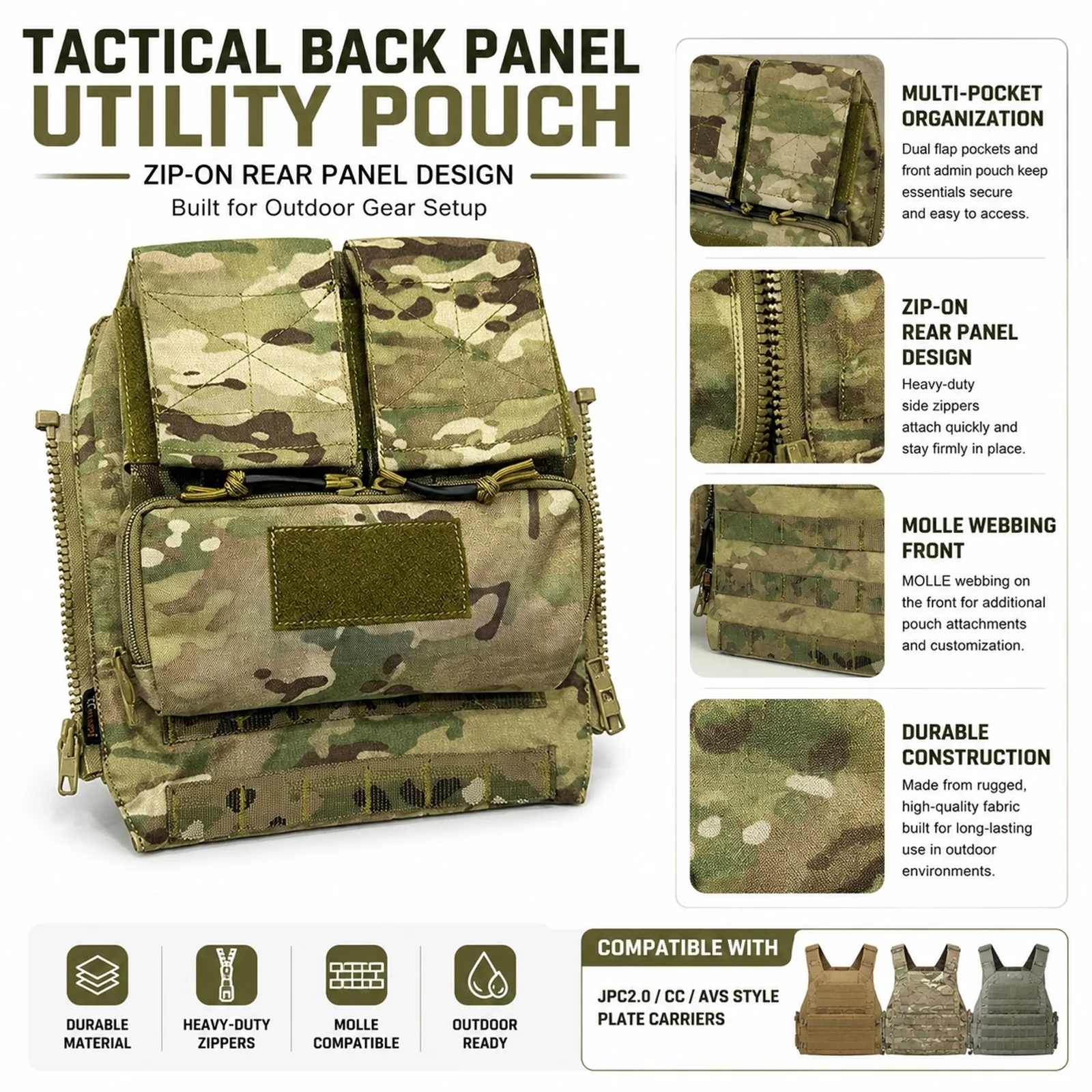 

Tactical MOLLE Zip On Back Panel Utility Pouch Compatible with JPC2.0 CC AVS Plate Carrier Outdoor Airsoft Hunting Tactical Gear