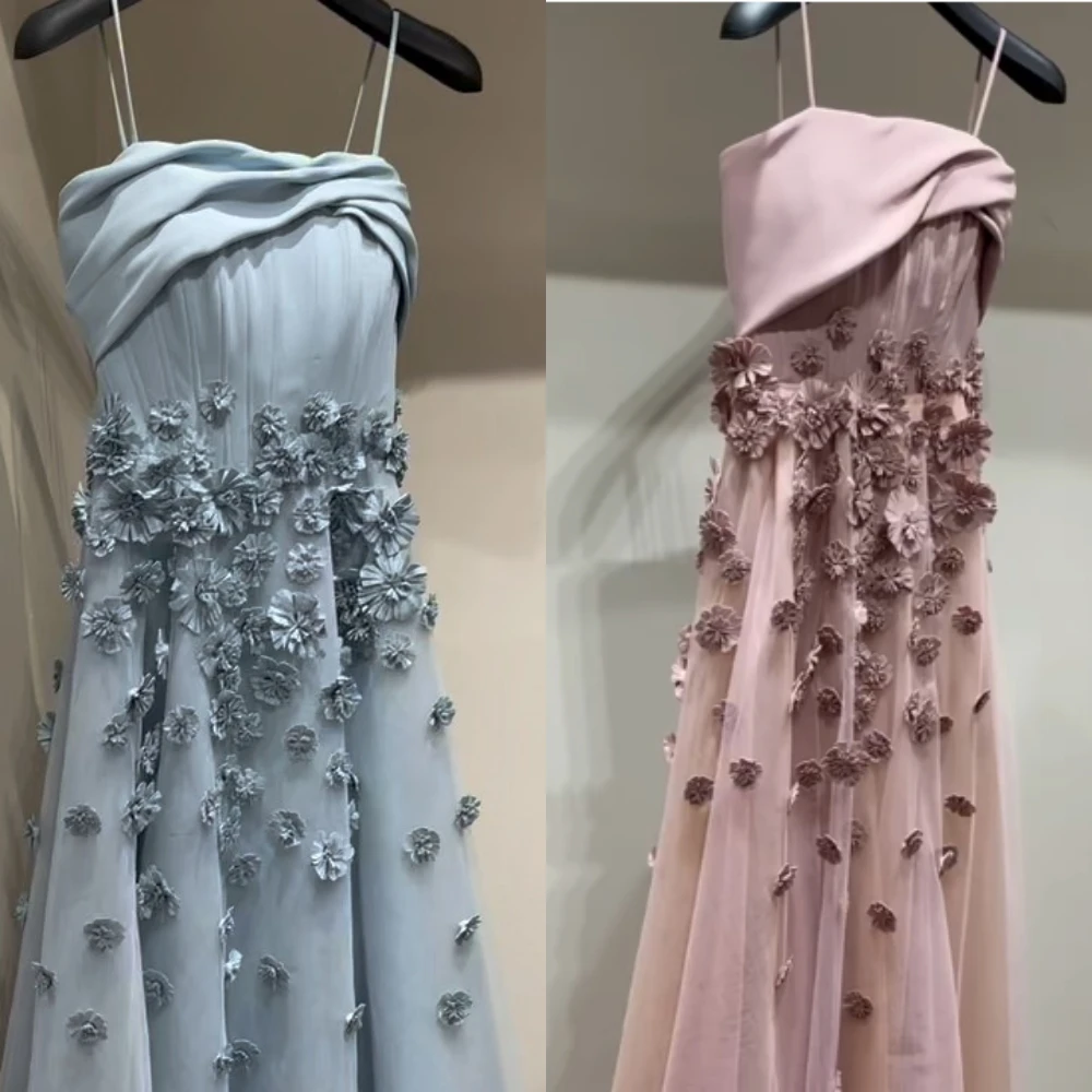 

Customized Tulle Pleat Flower Prom A-line Strapless Bespoke Occasion Gown Midi Dresses