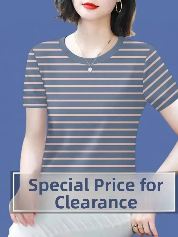Camiseta de Verano Estampada de Alta Gama con Rayas, Manga Corta, Estilo Casual para Mujer, Cubre la Cintura, Top Moderno para un Look Juvenil