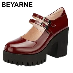 Small Size 34-43 Vintage Patent Leather Mary Janes Women's Platform Shoes  Block High Heels Pumps for Office Model Mom