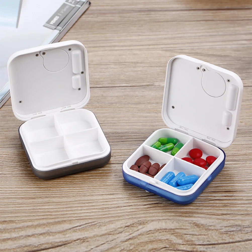 

4 Compartments Portable Medicine Reminder Digital Pill Box Timer Alarm 12/24H Display Food Grade Safe Case Organizer