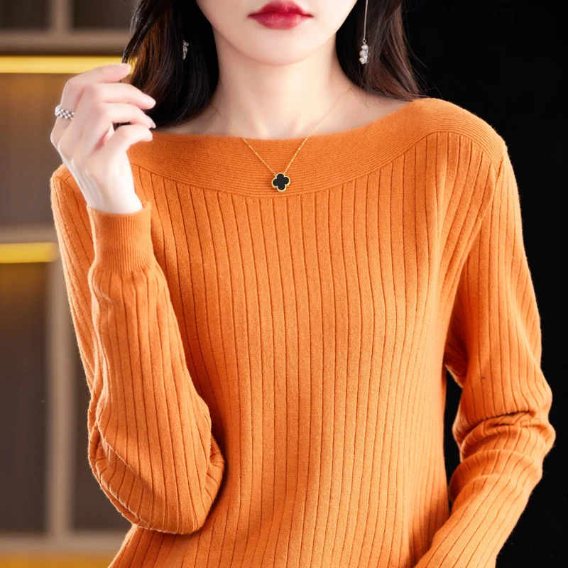 Women\'s Pullover Autumn/Winter New Casual Solid Color Knitwear One-Neck Sweater Ladies Clothes Loose Tops Basic Blouse