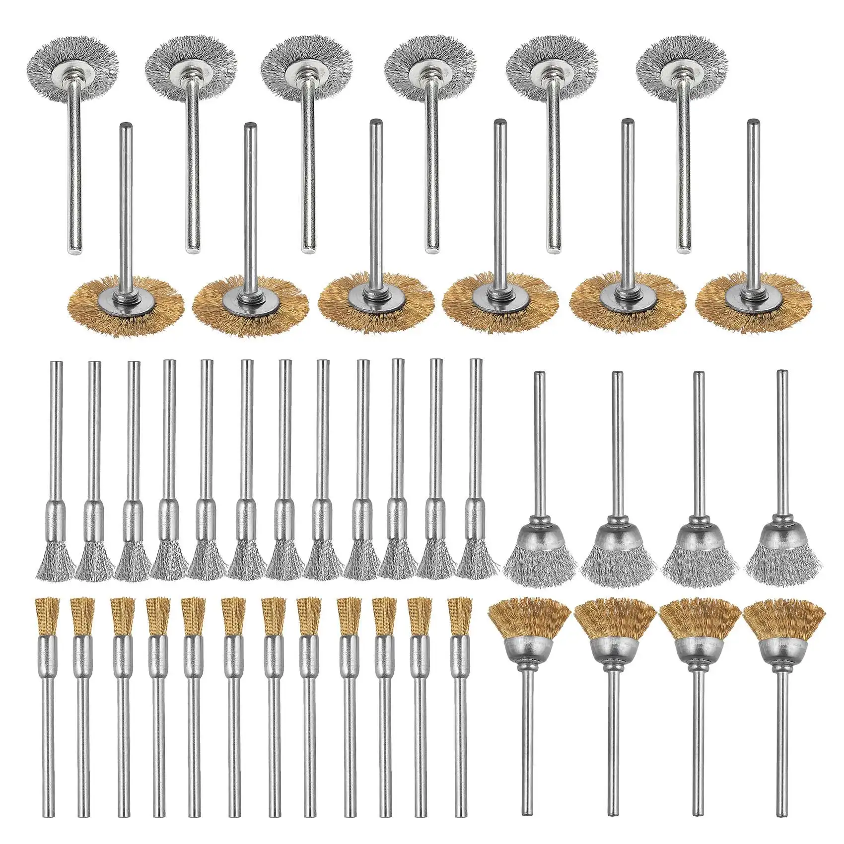 Sikat kawat Mini, 44 buah cangkir roda kuningan kawat baja Set sikat 1/8 inci (3mm) Shank untuk kekuatan Dremel alat poles