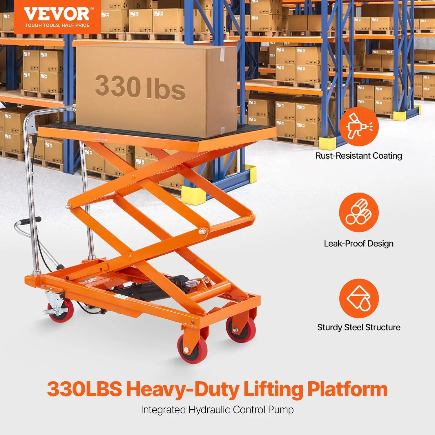 Hydraulic Lift Table Cart, Orange, 50-Inch | 330 lbs Load Capacity, Manual Single Scissor Lift, Non-Slip Pad and 4 Wheels, Alloy