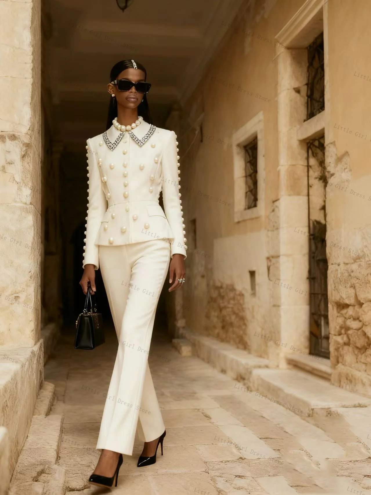 

White Pearls Women Suit Set 2 Piece Blazer Pants Trouser Cotton Formal Office Lady Jacket Prom Wedding Bride Coat Customized