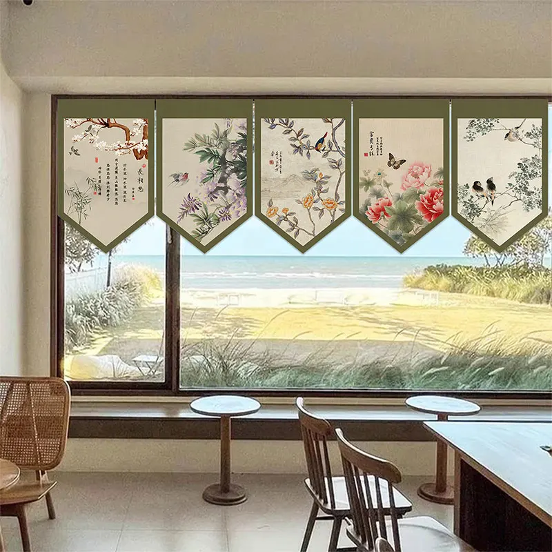 New Chinese Style Ink Scenery Hanging Half Curtain Noren Kitchen Partition Home Decor Triangle Flag Restaurant Teahouse Drapes