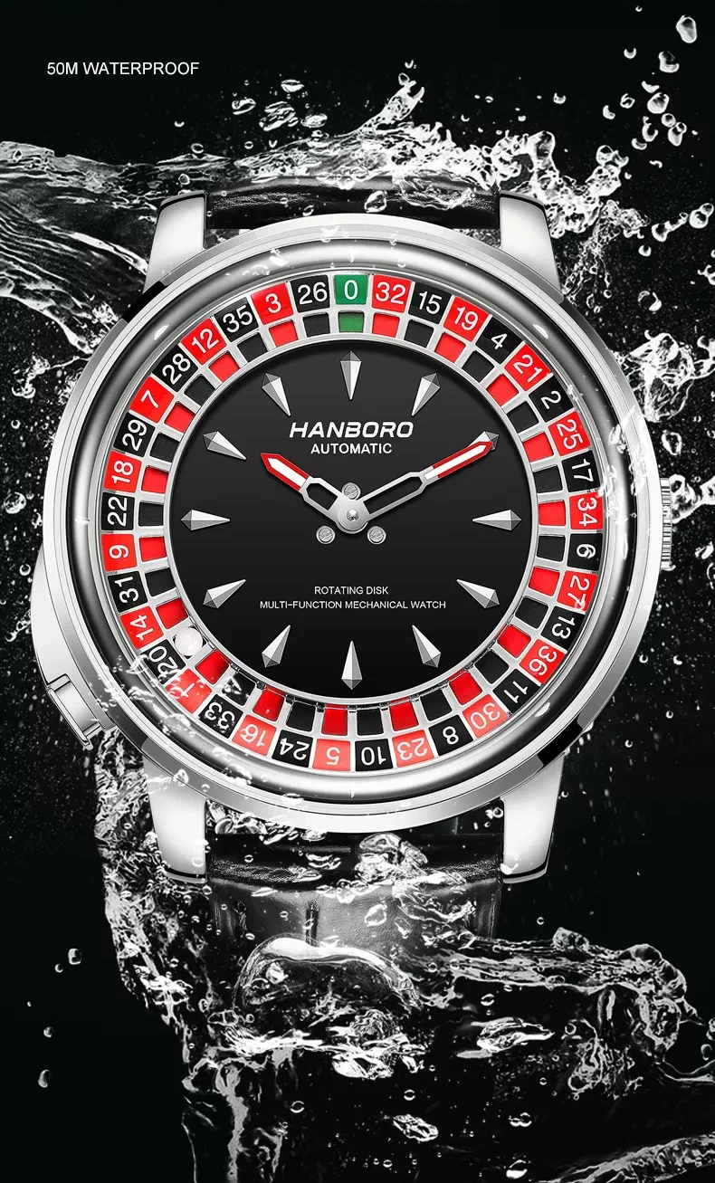 HANBORO Orologio automatico da uomo 46mm Orologio da polso meccanico di lusso Roulette Gioco Quadrante Vetro zaffiro Luminoso
