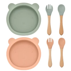 Conjunto de utensílios antiderrapantes para bebê, colher de sucção de silicone e garfo, cabo de madeira livre BPA, alimentação infantil, 1 pc, 3pcs