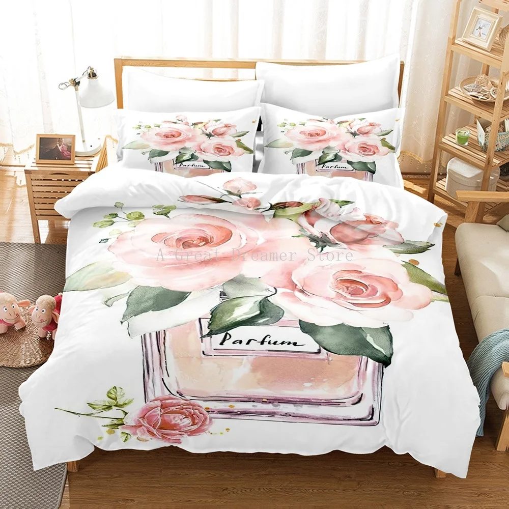 Custom Perfume Bedding Set Flower Pink Duvet Cover Sets Comforter Bed Linen Gift Twin Queen King Size Romantic Fashion Gift