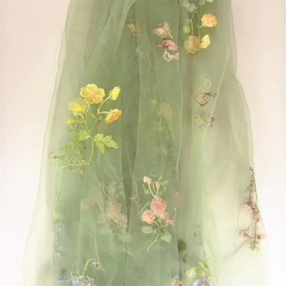 

Polyester Vintage Chinese Floral Embroidered Tulle Fabric Soft Mesh Cloth Color for DIY Dress Tablecloth Sofa Cover Home Deco