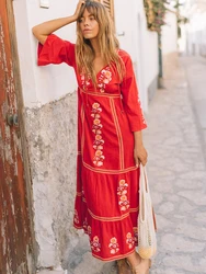 Gypsylady kwiatowy haft letnia sukienka Maxi Retro Boho kobiety z dekoltem w szpic luźne sukienki damskie z długim rękawem