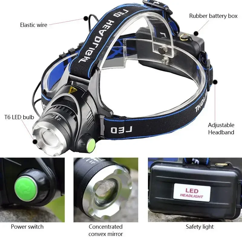 2000lumens Led Headlamp L2/T6 Zoomable Headlight Head Torch Flashlight Head lamp by 18650 battery for Fishing Hunting Headlamps