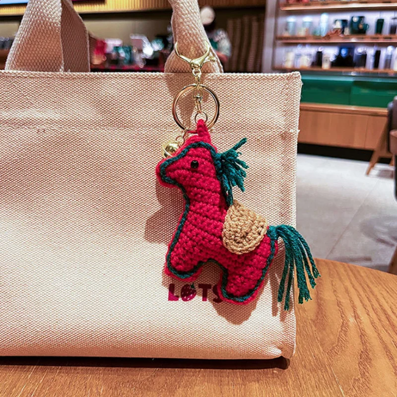 

Plush Crochet Pony Keychain, Handmade Kawaii Small Horse Bag Pendant, Knitted Plush Keyring, Horse Year Mascot Gift Ornament