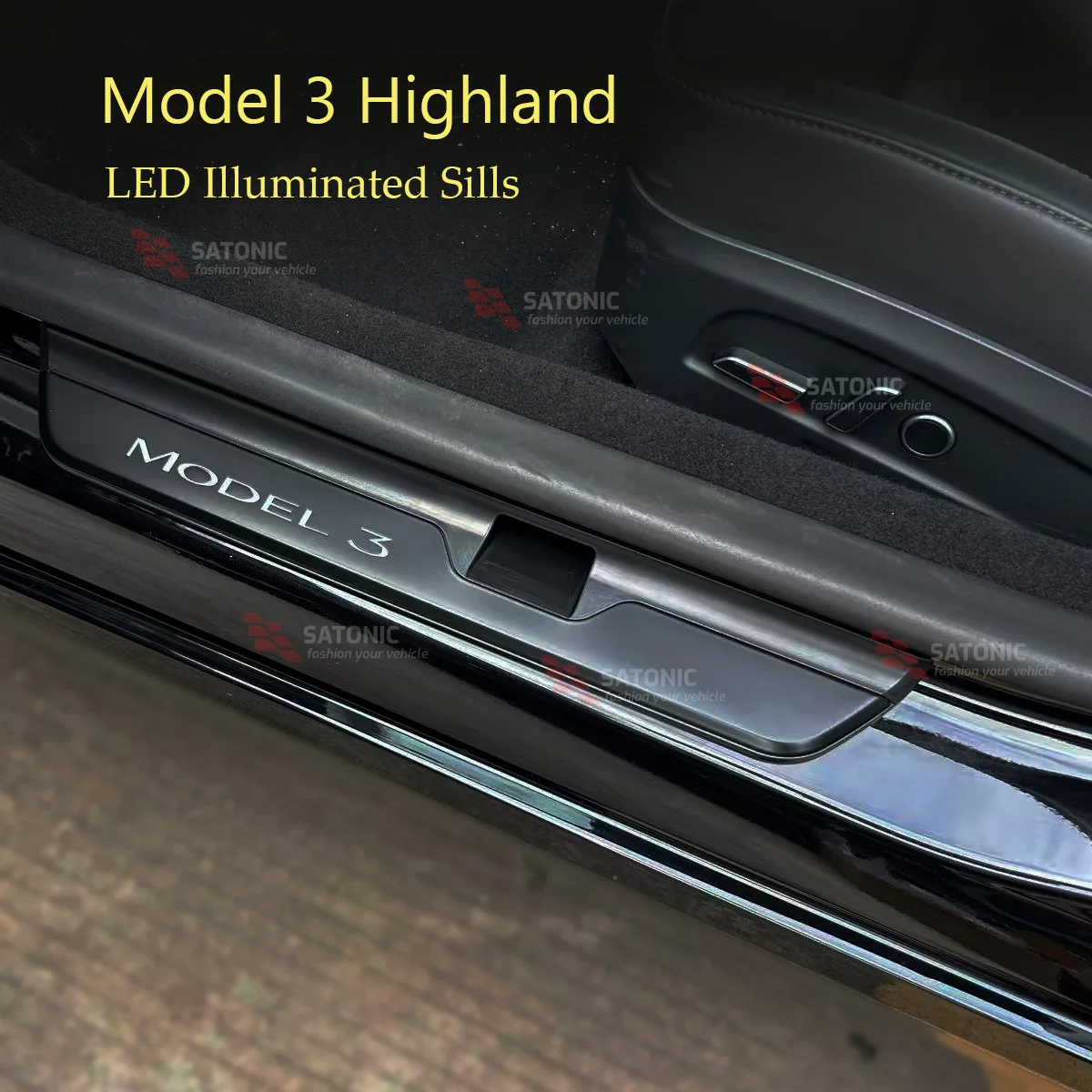 SATONIC New Arrival Wireless LED Illuminated Door Sills For Tesla Model 3 Highland Mat black CR2430 Battery Anti-slide Door Edge