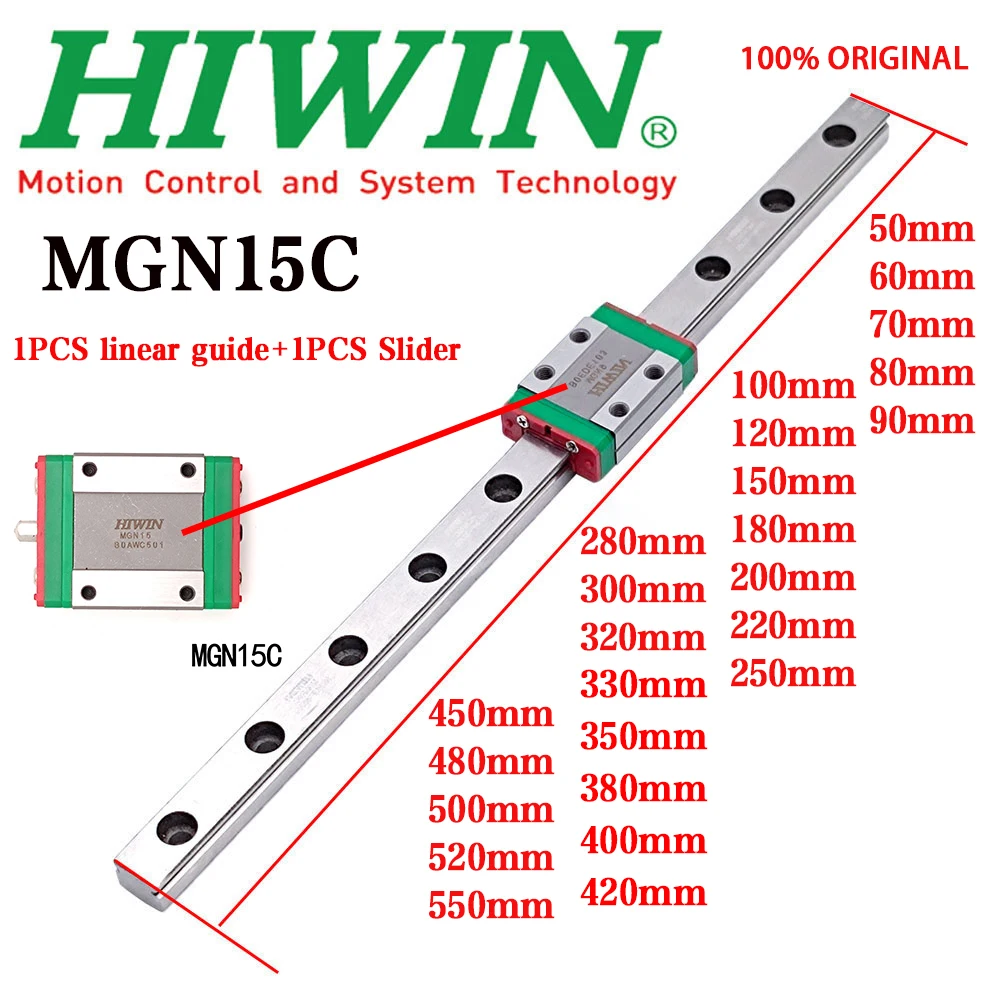 

HIWIN Original Genuine MGN15 MGN15C Linear Guide Rail 50 60 70 80-100 150 200-550mm MGN15 Linear Guide+MGN15C Slider Block