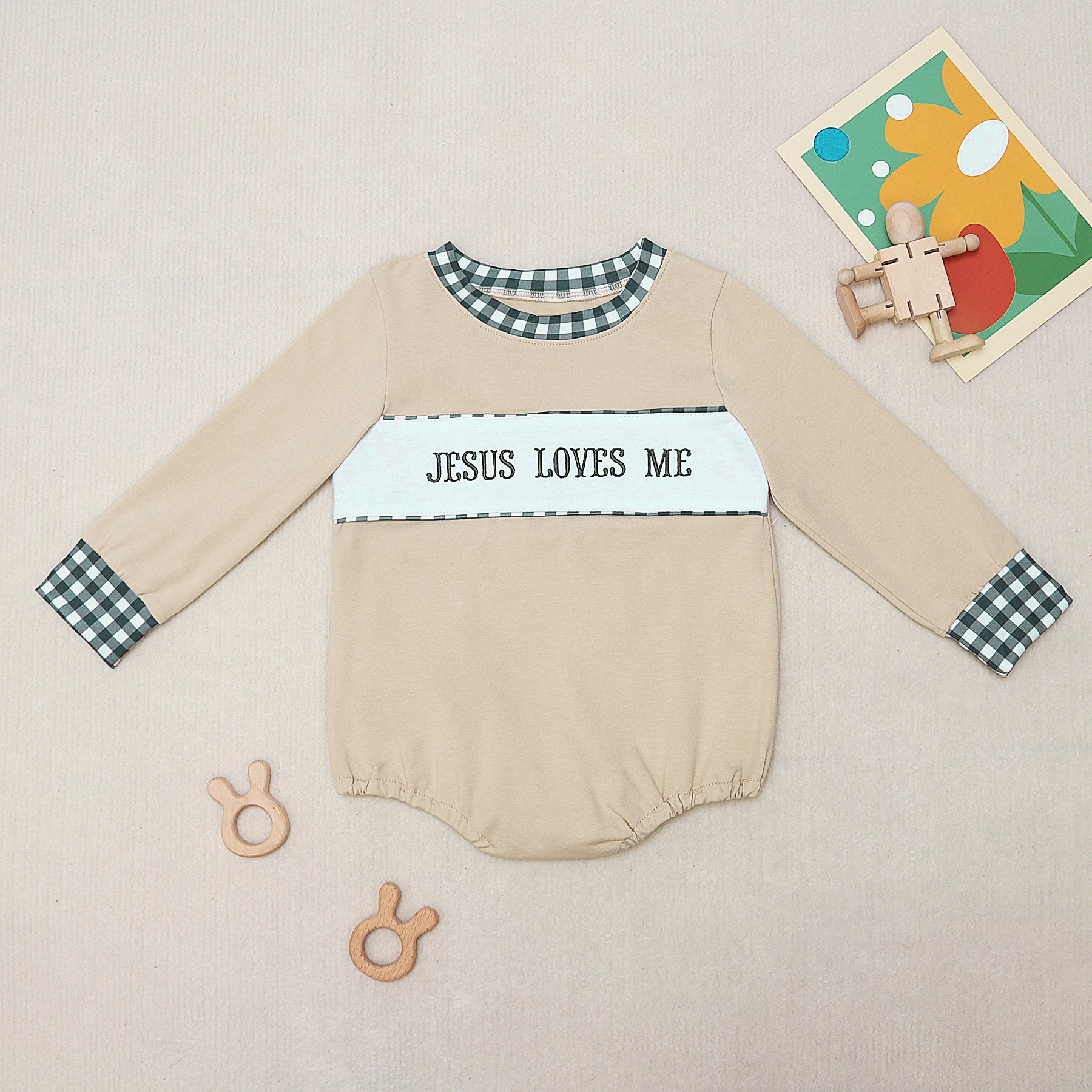 Baby Boy Clothes Girl Set Kid Bubble Clothing Two Piece Cute Jesus Love Me Embroidery Long Sleeve Lattice Long Pants Boy Clothes