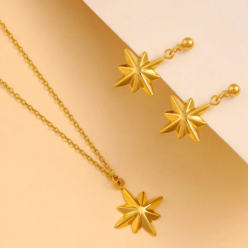 

DIY accessories Simple eight-pointed star pendant necklace earrings fashion vintage stainless steel 18K gold niche octagonal sta