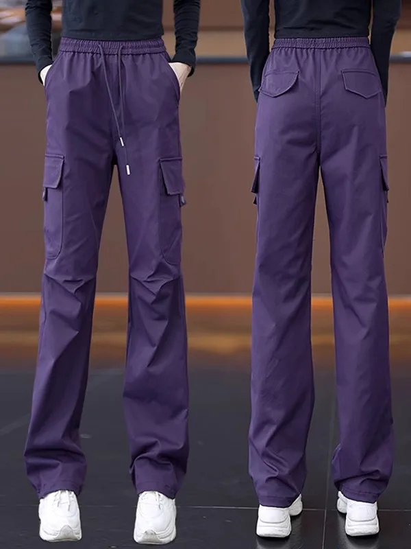 Purple Straight Leg Workwear Pants Women's Spring Autumn 2026 New Elastic Waist Drawstring Sports Casual Trousers Slim Wide L...