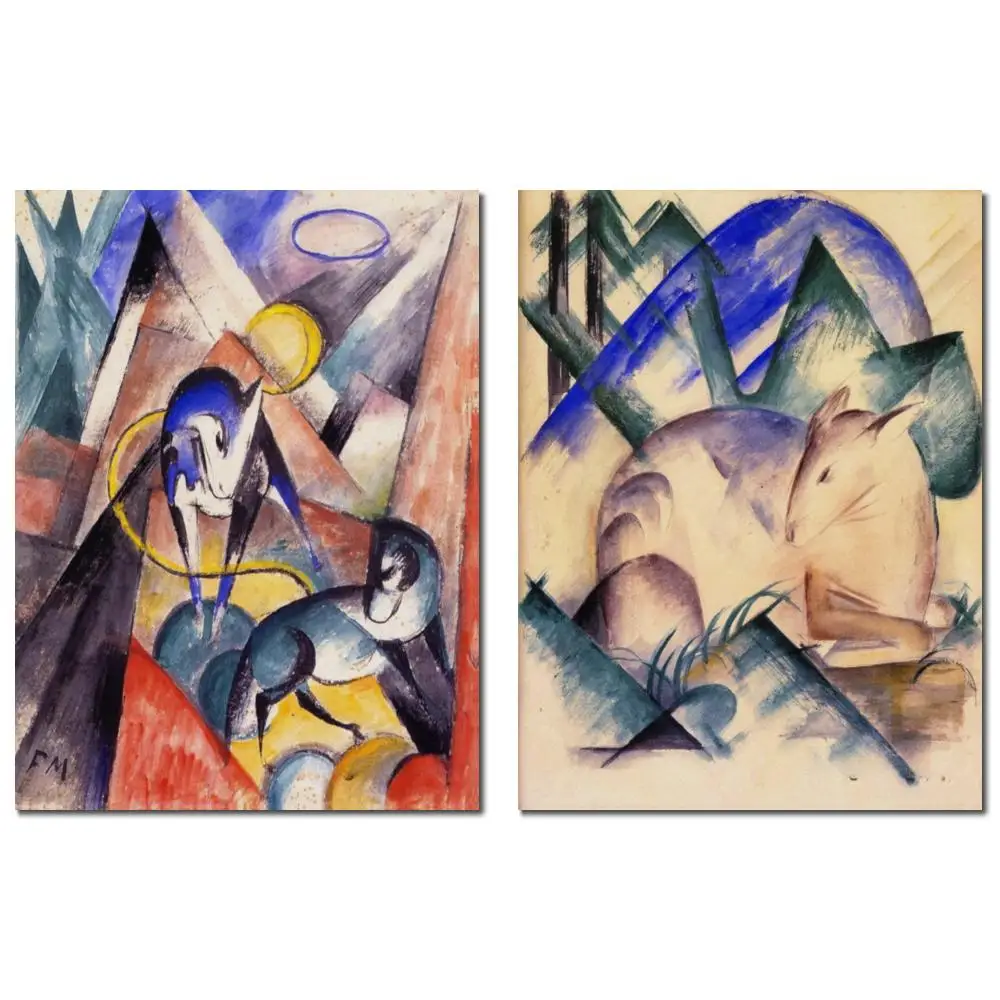 

Franz Marc Masterpiece Red Deer Abstract Hand Painted Painting in Oils Canvas for Restaurant Dark Spaces Wall Decor