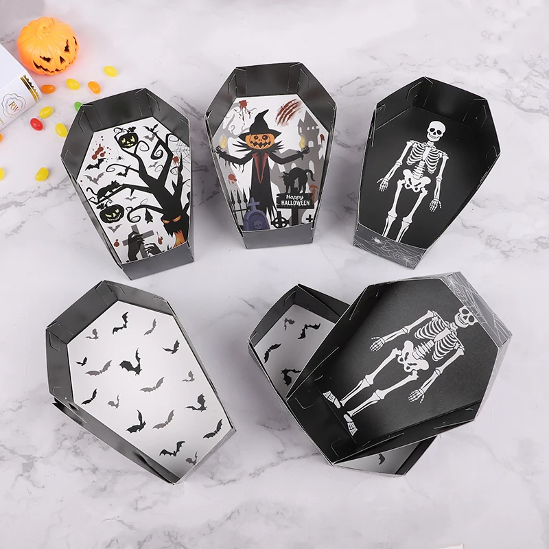 12/24pcs Halloween Coffin Shaped Candy Box Bat Pumpkin Skeleton Spider Pattern Baked Dessert Halloween Party Gift Packaging Box