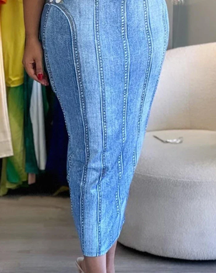 Vestidos femininos 2025 verão moda denim olhar impressão sem mangas casual bodycon diário meados de bezerro vestido