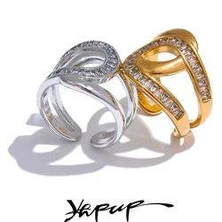 Yhpup Fashion Stainless Steel Cubic Zirconia Open Ring for Women High Quality Geometric Delicate Zircon Jewelry 18K PVD Plated