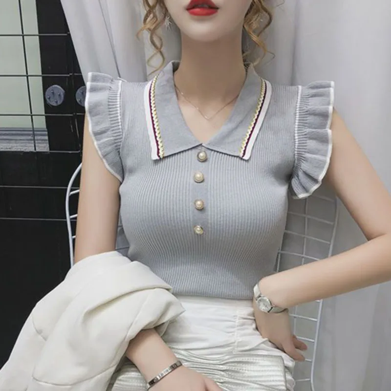 Sexy Slim Fit Ice Silk T Shirt for Women Korean Style Ruffles Gray Thin Knitted T-Shirt Woman 2023 Summer Turn-Down Collar Tops