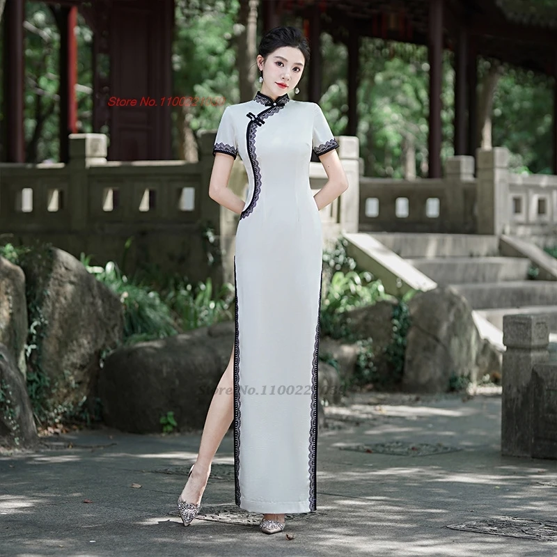 

Китайское винтажное платье 2025 года, улучшенное национальное кружевное платье Cheongsam с цветочным принтом, сценическое платье Ципао, ретро, банкетное вечернее платье Ципао