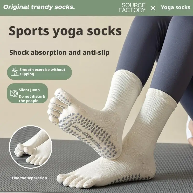 

Нескользящие носки для йоги для женщин, хлопковые спортивные носки средней длины, впитывающие пот, нескользящие носки с пятью пальцами для пилатеса, барре