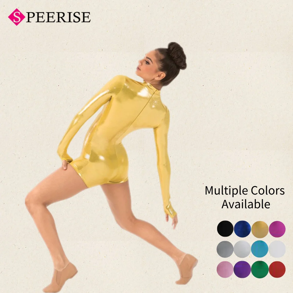 Kids Turtleneck Metallic Biketards With Thumbholes Girls Gold Gymnastics Leotards Shorty Unitard Dance  Halloween Costumes - Image 5