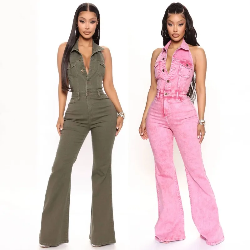 Women's New Fairy Spring Autumn Jumpsuits Pants New Button Pocket Backless Lapel Simple Leisure Comfortable Harajuku Versatile