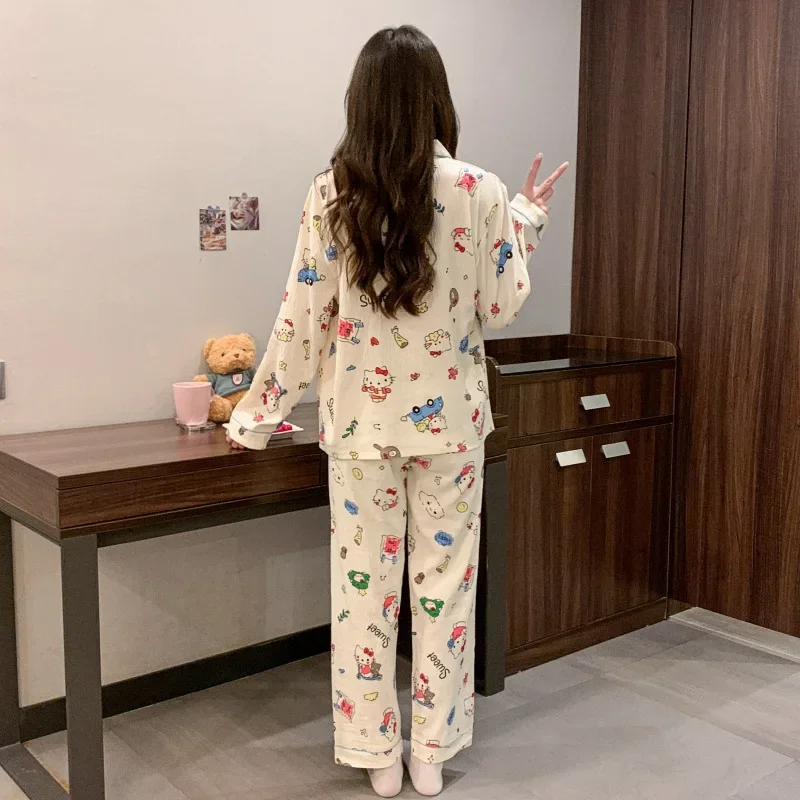 Hello Kitty gestreepte damespyjamaset puur katoenen loungekledingset broek met lange mouwen tweedelige set Snrio loungewear pyjama