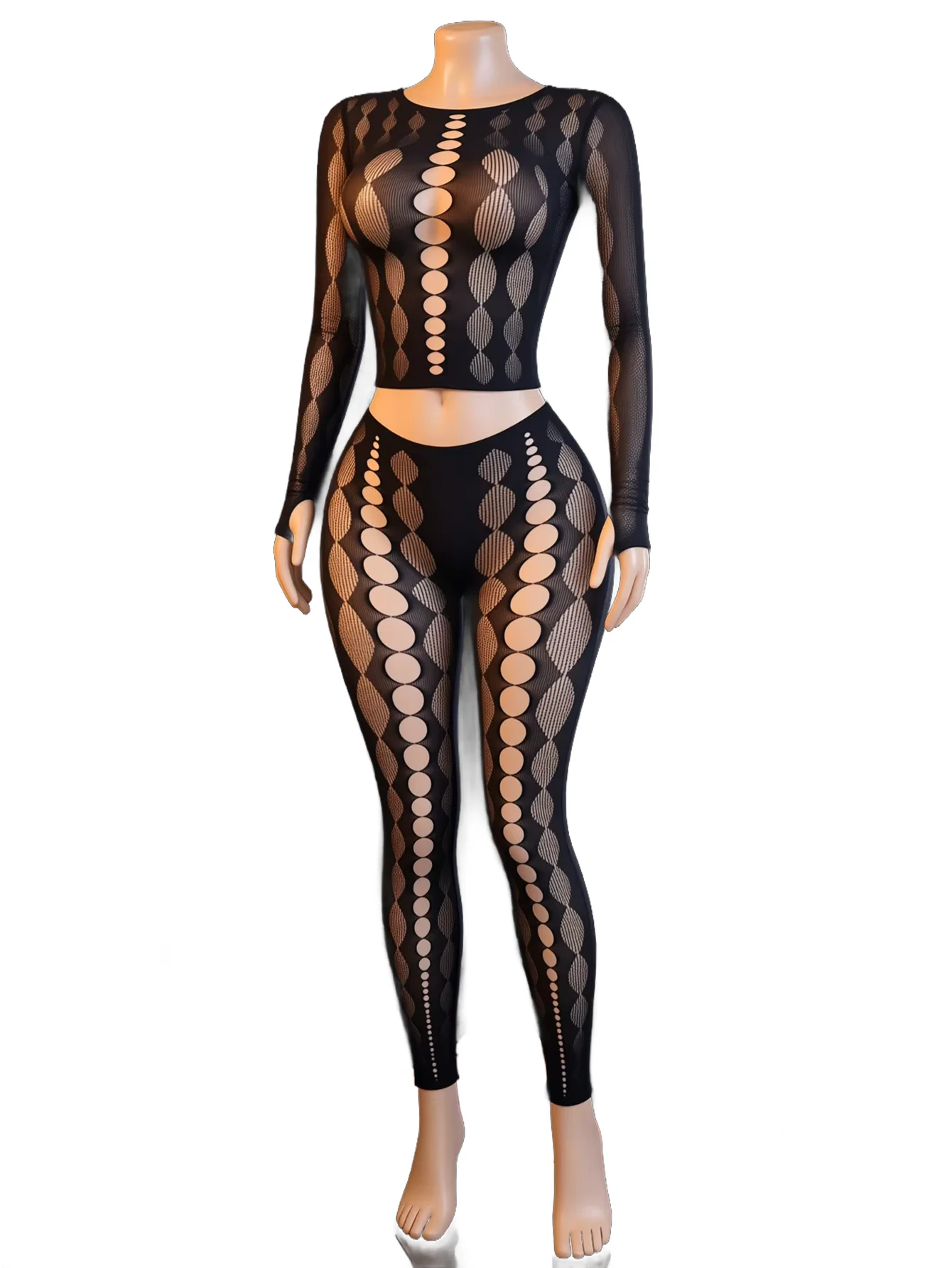 Women's Long Sleeve Mesh Set, Hollow Crop Top & Matching High Waist Pants, for Date Night (One Size 88-132 lbs)
