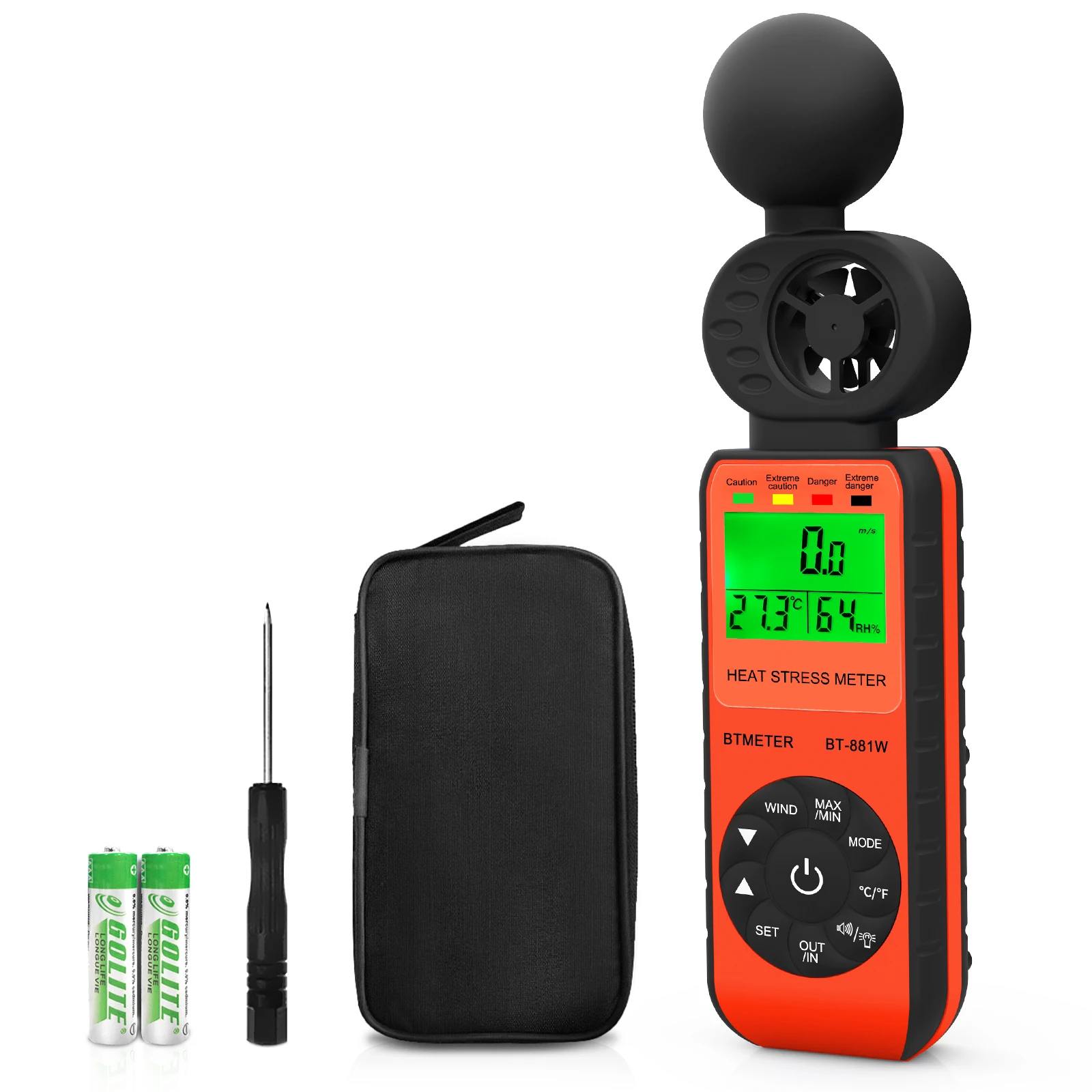

4-in-1 WBGT DIgital Anemometer Heat Index Meter 0-30m/s with Temp Humidity for Industrial Safety Outdoor Sports Black Bulb Alarm