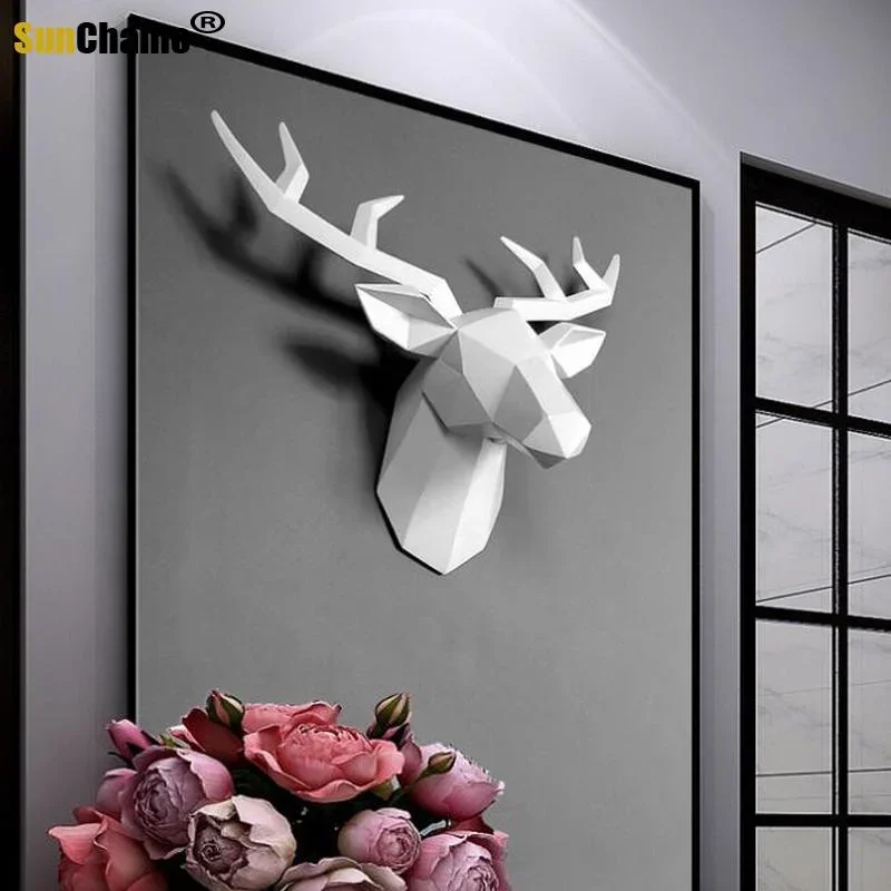 Large Size 4 Color Geometry 3D Animal Deer Head Wall Decoration Resin Skull Decor Creative Modern Art Hanging Statue Decore