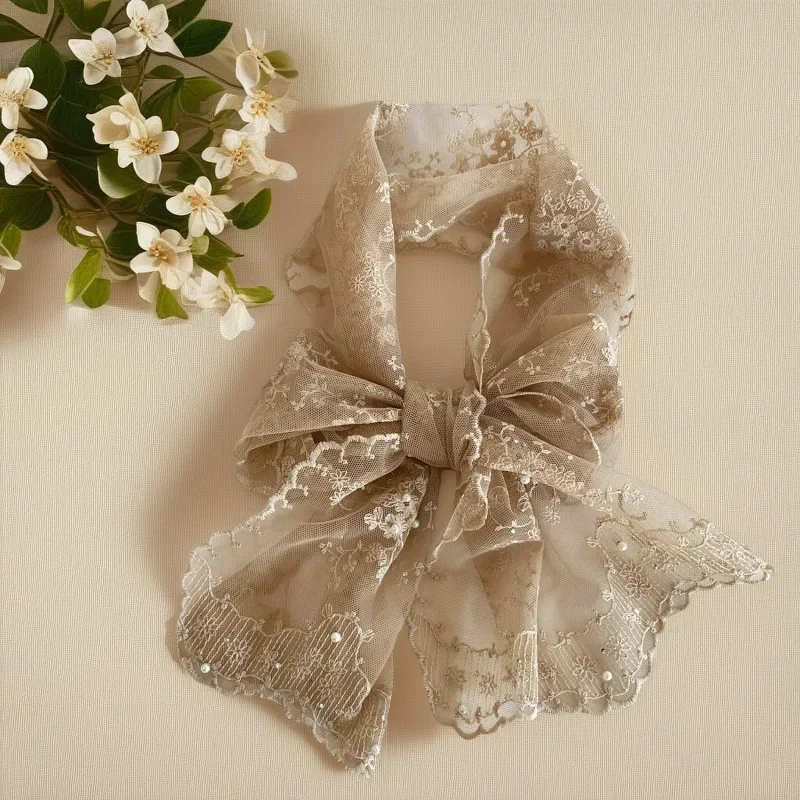 Lace Small Long Scarf Bead Embroidery New Small Flower Long Silk Pearl Women's Korean Version Literary and Retro Versatile Shawl