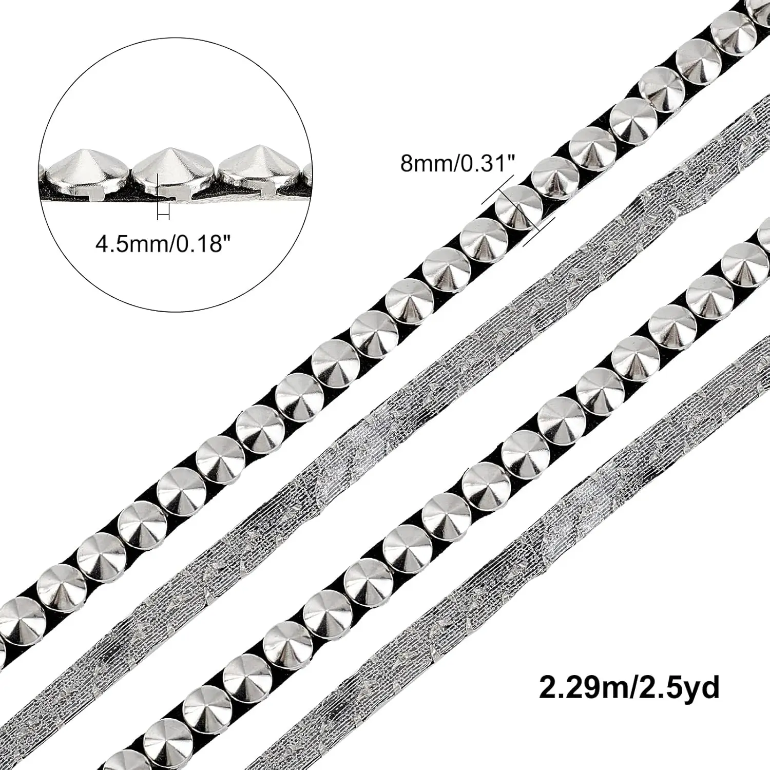 2.5 Yards 8mm Hot Fix Nailhead Trim, Sliver Metal Iron-on Nailhead Trim with Black PU Leather Base Pyramid Stud Nailhead