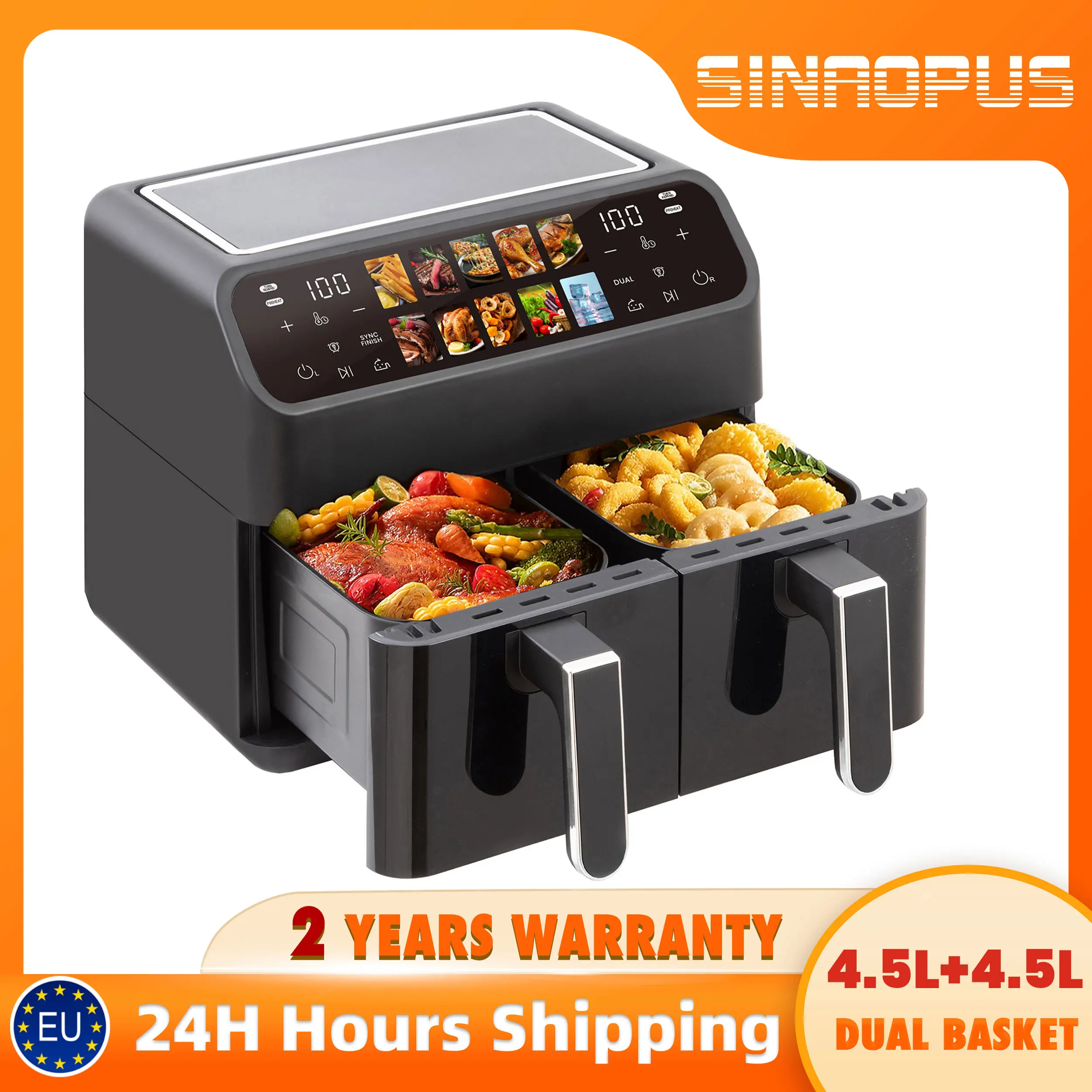 Sinaopus 9L Dual-Korb-Heißluftfritteuse – Ölfreier Kocher mit LED-Touch-Steuerung & Sichtfenster, 10-in-1 Multifunktion, Familien-Smart-Heißluftfritteuse-Ofen für Zuhause