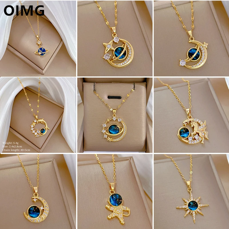 OIMG 316L Stainless Steel Gold Plated Multiple styles Romantic Arctic Blue Starry Sky Pendant Necklace For Women Aesthetics