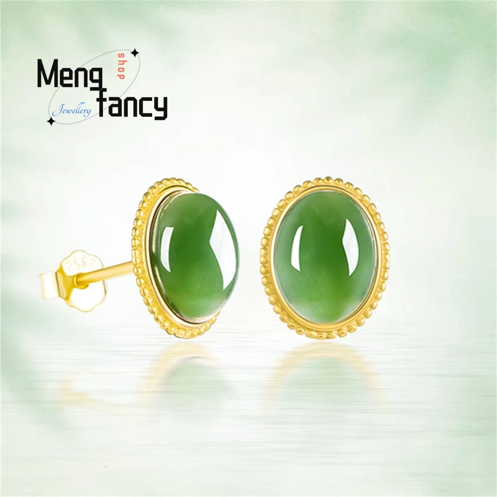 

Genuine Spinach Green Natural Material Hetian Jade Jasper Earrings Female S925 Silver Inlaid Jade Temperament Simple Earrings