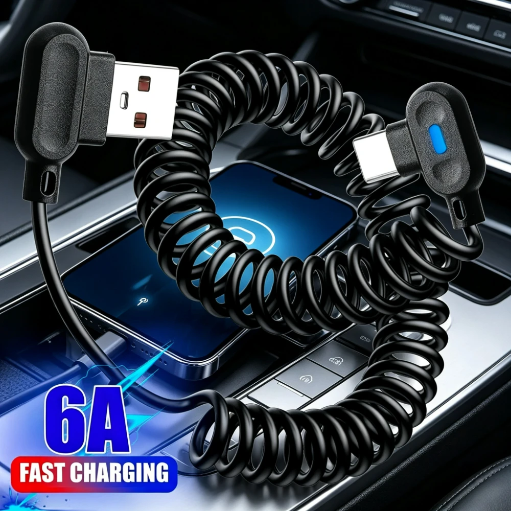 6A Type-C Fast Charging Cable 90° L-Shaped Elbow Short Spring USB Charging Data Cord Car Charging Wire for Samsung Xiaomi Huawei