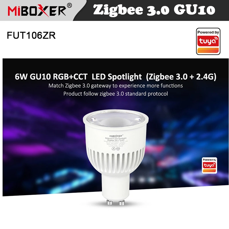 

Miboxer GU10 RGB+CCT LED Bulb Light FUT106ZR 6W Spotlight Lamp Dimmable Zigbee 3.0 Remote Smart APP control AC 100-240V 50/60HZ