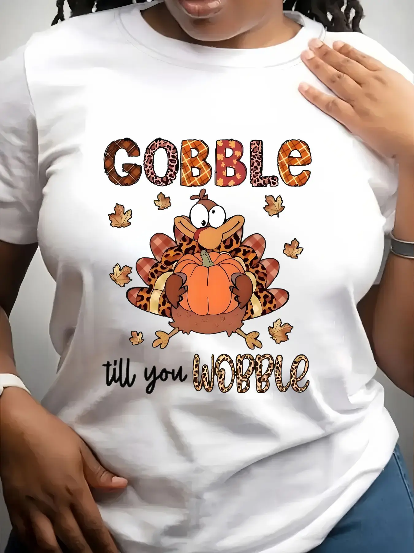 Women's Trendy Crew Neck T-Shirt Gobble Till You Wobble Turkey Suitable for Casual Sportswear