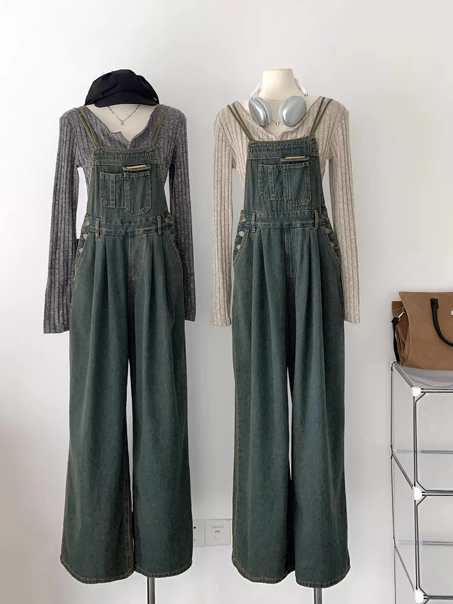 Reddachic Vintage Groene Wash Denim Jumpsuit Vrouwen Pintuck Wijde Pijpen Jeans Overalls Zomer Losse Casual Koreaanse Streetwear