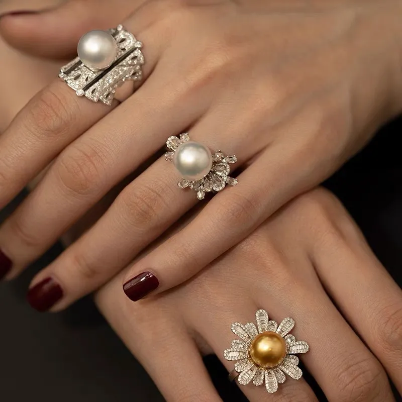 ジルコニアパールヒマワリの指輪,調節可能な開口部,高級ジュエリーギフト,ゴールド,新品,2024