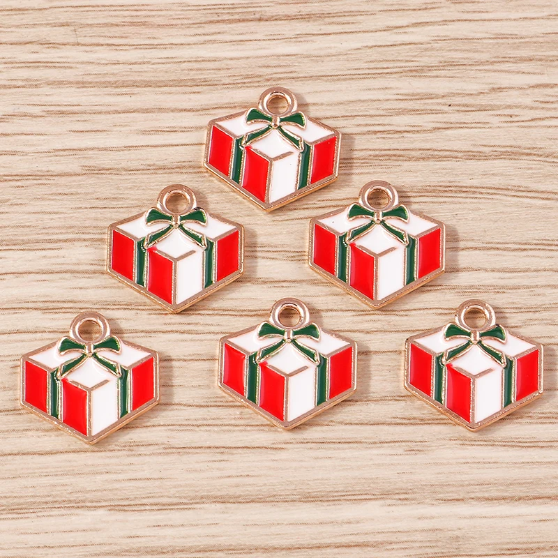 10 Stück 15x15mm Niedliche Emaille-Weihnachtsgeschenkbox-Anhänger für Schmuckherstellung, Ohrhänger, Halsketten, DIY-Bastelzubehör – Detail 5