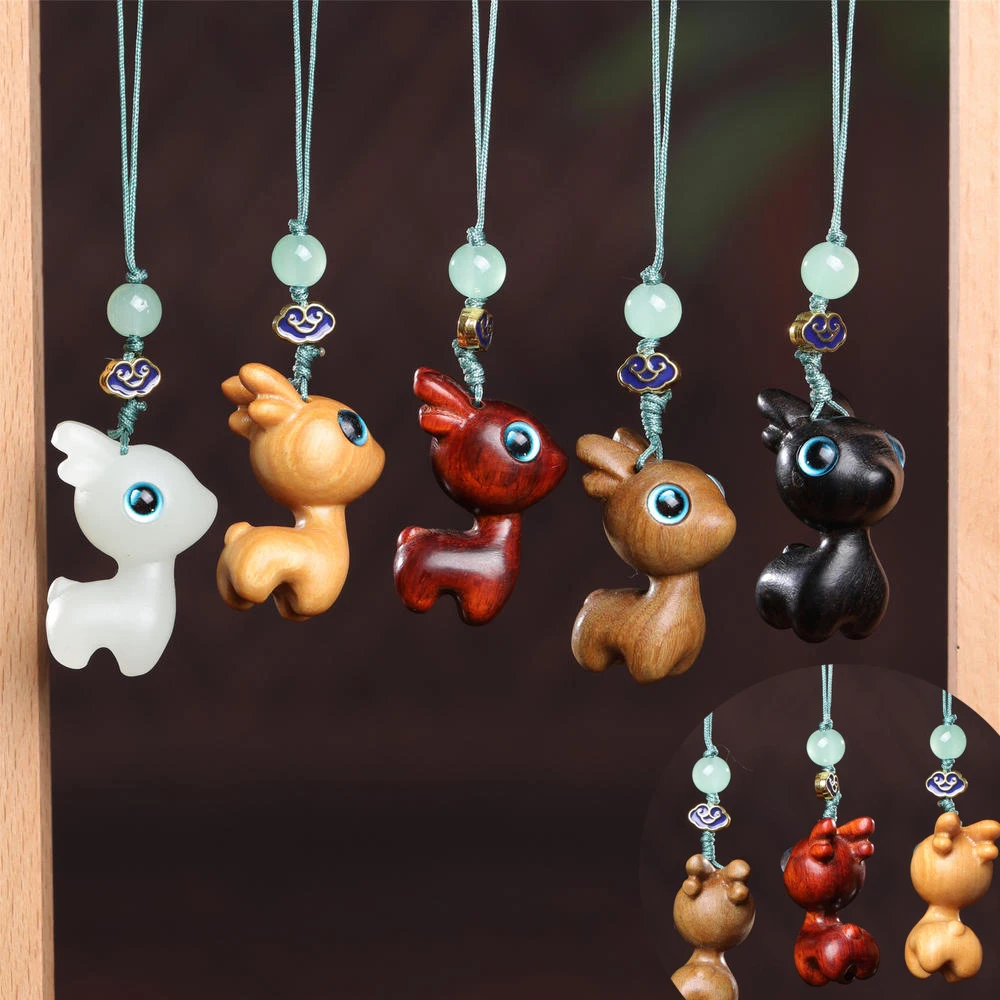 Cute Deer Sandalwood Keychain Hanging Pendant Gifts Bag Backpack Keyring Charm Phone Wood Carving Animals Key Chain Accessories