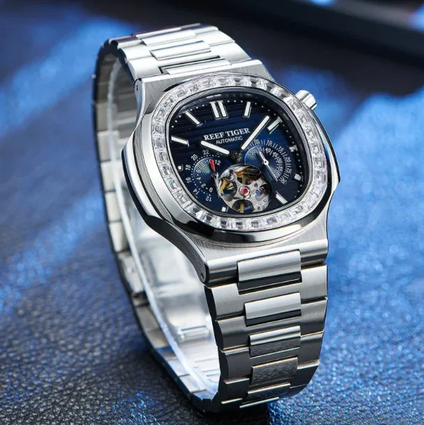 

Мужские автоматические часы Reef Tiger, 44 мм, квадратные механические наручные часы с сапфировым стеклом, светящиеся, 24 часа и маленький секундный циферблат со скелетом