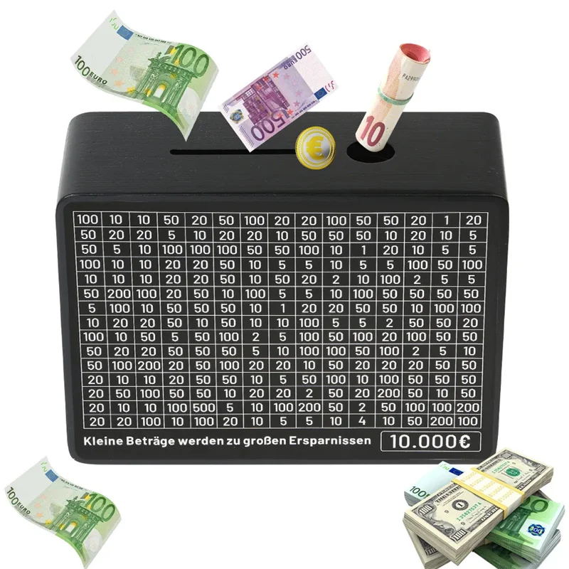 Black Wooden Piggy Bank with Counter, Save Money Box, Coin Bank with Paper Saving Goals and Numbers for Saving Euros