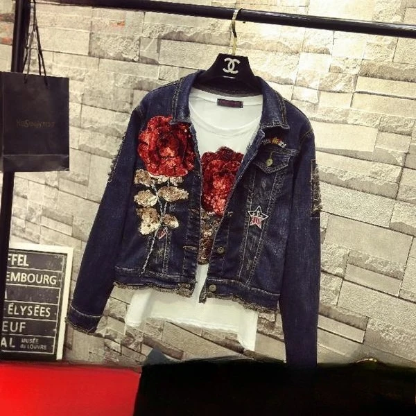 

2025 New Women Denim Jacket Embroidered Red Rose Long Sleeve Coat Beaded Casual Outerwear